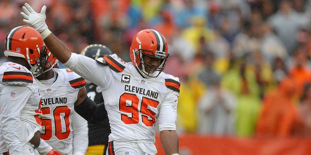 Cleveland Browns defensive end Myles Garrett (95) celebrates after sacking Pittsburgh Steelers quarterback Ben Roethlisberger (7) during the second quarter of a game Sept. 9, 2018, at FirstEnergy Stadium in Cleveland.