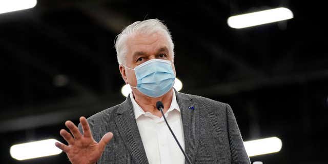 Nevada Gov. Steve Sisolak says that if he wins re-election he would seek to codify in law an order that protects in-state abortion providers and out-of-state patients. Pictured: Sisolak speaks at a news conference on April 29, 2021 in Las Vegas. 