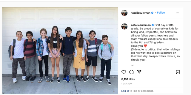 The proud mom gushed about her octuplets starting in 8th grade in an Instagram post.