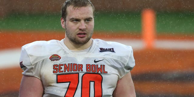 National offensive lineman Trevor Penning of Northern Iowa (70) during the Reese's Senior Bowl practice session on Feb. 2, 2002 at Hancock Whitney Stadium in Mobile, Alabama.