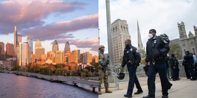 Police officers walk past as National Guard members monitor activity surrounding Philadelphia City Hall on October 30, 2020, in Philadelphia, Pennsylvania. Skyline in autumn behind the Schuylkill River Boardwalk at Sunset, Philadelphia, Pennsylvania, USA.