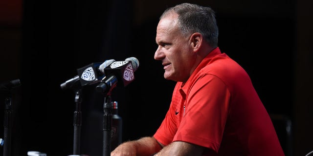 Rich Rodriguez, head coach of the Arizona Wildcats, addresses the media during Pac-12 Football Media Day July 26, 2017, in Los Angeles.