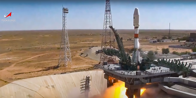 In this handout photo taken from video released by Roscosmos on Tuesday, Aug. 9, 2022, a Russian Soyuz rocket lifts off to carry Iranian Khayyam satellite into orbit at the Russian leased Baikonur cosmodrome near Baikonur, Kazakhstan. 