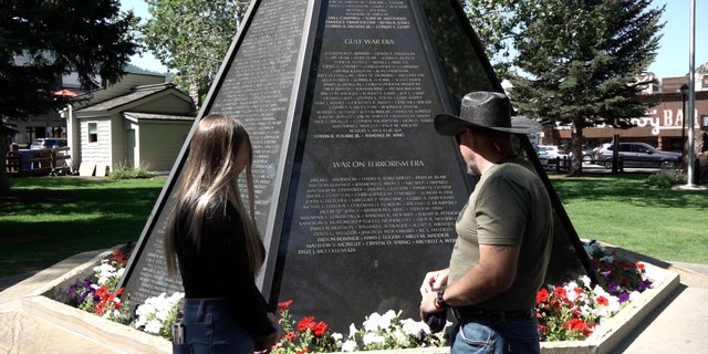 Rylee's father Jim and his sister Roice often visit the war memorial in the center of Jackson Hole to talk with Rylee. 
