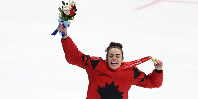 Gold medal winner Sarah Nurse of Team Canada celebrates during the medal ceremony at the Winter Olympic Games in Beijing, China, on Feb. 17, 2022.