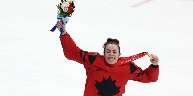 Gold medal winner Sarah Nurse of Team Canada celebrates during the medal ceremony at the Winter Olympic Games in Beijing, China, on Feb. 17, 2022.