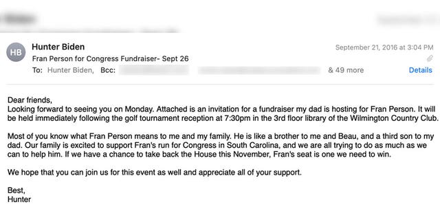 Hunter Biden sent out an email to dozens of his Delaware friends and business contacts in September 2016, inviting them to a fundraiser for Fran Person's House campaign at the Wilmington Country Club. He also noted then-Vice President Biden was hosting the fundraiser.