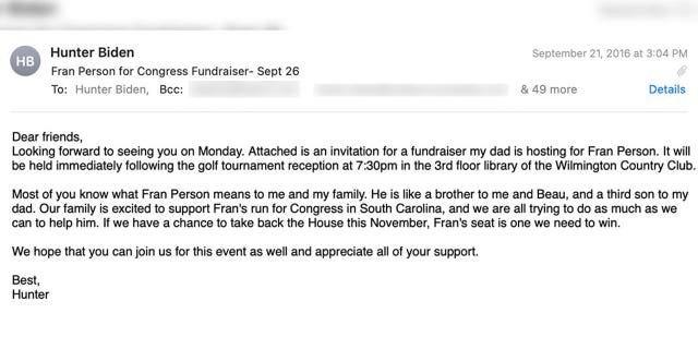 Hunter Biden sent out an email to dozens of his Delaware friends and business contacts in September 2016, inviting them to a fundraiser for Fran Person's House campaign at the Wilmington Country Club. He also noted then-Vice President Biden was hosting the fundraiser.