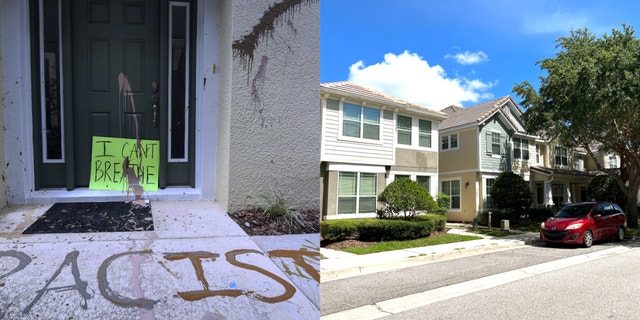 A photo combination of Derek and  ex-wife Kellie Chauvin's former Florida vacation home that was vandalized in 2020.