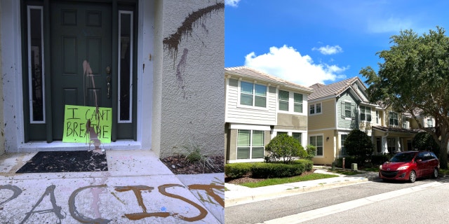 A photo combination of Derek and  ex-wife Kellie Chauvin's former Florida vacation home that was vandalized in 2020.