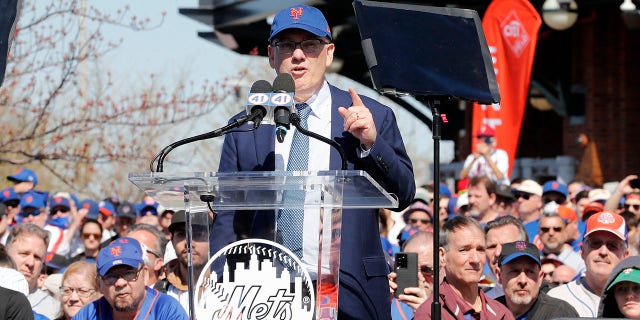 New York Mets owner Steven A. Cohen speaks at the Tom Seaver statue unveiling ceremony before a game against the Arizona Diamondbacks at Citi Field April 15, 2022, in New York City.