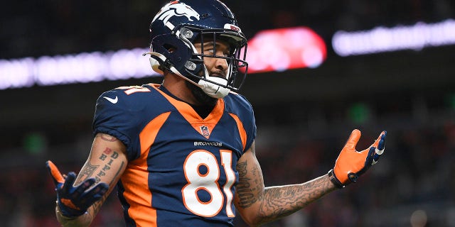 Tim Patrick of the Denver Broncos reacts after a non-penalty call during the second half against the Kansas City Chiefs at Empower Field at Mile High, Jan. 8, 2022, in Denver, Colorado.