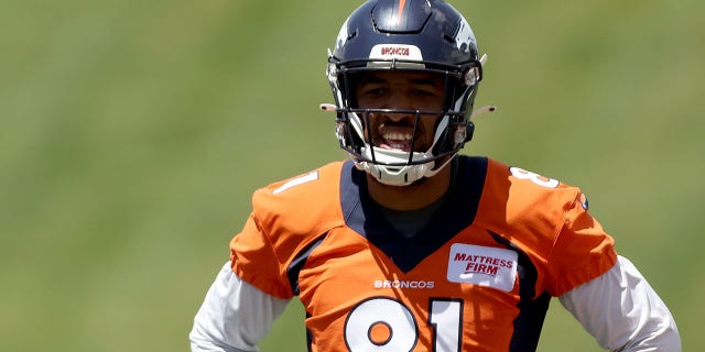 Tim Patrick of the Denver Broncos attends a mandatory minicamp at UCHealth Training Center, June 14, 2022, in Englewood, Colorado.