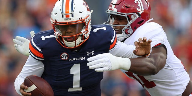 Will Anderson Jr.  (31) Alabama Crimson Tide fired TJ Finlay (1) from the Auburn Tigers in the first half at Jordan-Hare Stadium.  February 27, 2021 in Auburn, Alabama.