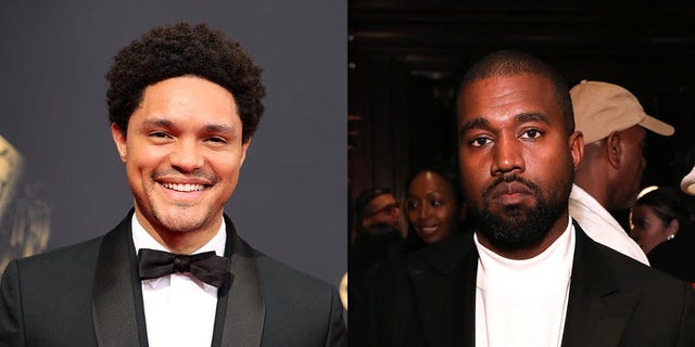 Kanye West, right, was banned from performing at the Grammy earlier this year after he didn't a racial slur at Trevor Noah on social media. 