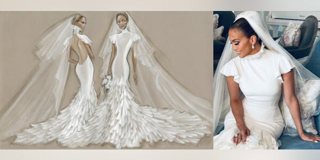 Jennifer Lopez stunned in a high neck, ruffle Ralph Lauren dress.