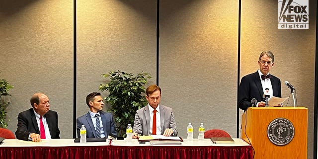 Attorneys for the Petito and Schmidt families announced a notice of claim against Moab police at a news briefing in Salt Lake City Monday, Aug. 8. From left to right, Brad Park, Steven Jensen, Brian Stewart, Jim McConkie.