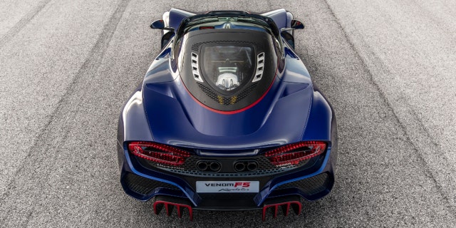 The Venom F5 Roadster features a glass engine cover designed for extreme heat and air pressure.