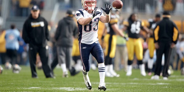 New England Patriots' Wes Welker catches a pass during warmups before a game versus the Pittsburgh Steelers at Heinz Field in 2011.