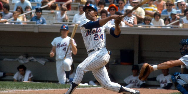 Outfielder Willie Mays, No. 24 of the New York Mets, bats during a Major League Baseball game circa 1973 at Shea Stadium in the Queens borough of New York City. Mays played for the Mets from 1972-73.