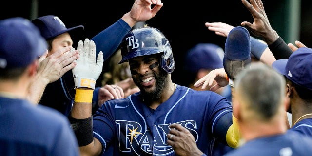 Yandy Diaz of the Tampa Bay Rays celebrates after scoring a run against the Detroit Tigers at Comerica Park Aug. 4, 2022, in Detroit.