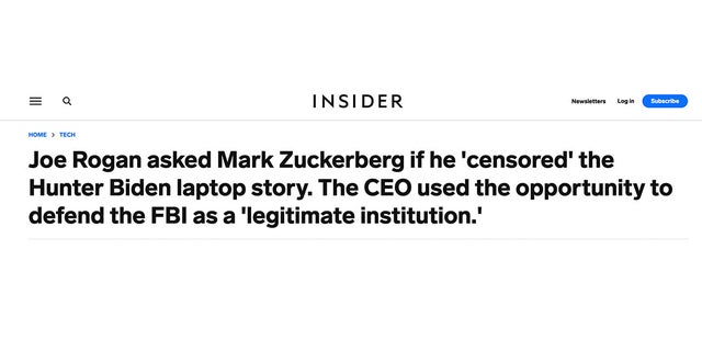 Insider changed the headline of its story "Joe Rogan asked Mark Zuckerberg if he 'censored' the Hunter Biden laptop story. The CEO used the opportunity to defend the FBI as a 'legitimate institution.'"