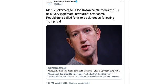 Insider originally framed its story about Mark Zuckerberg's comments as if he defended the FBI from GOP criticism following the raid at Mar-a-Lago.