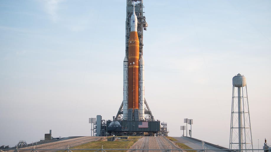 The integrated SLS rocket and Orion spacecraft for NASA's Artemis I mission is stationed at the launchpad.