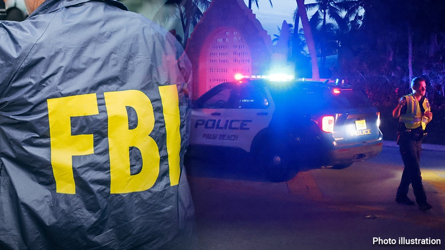 Photo illustration showing an FBI jacket and the Mar-a-Lago raid 