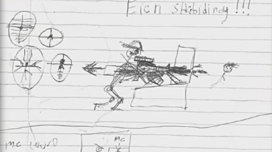 Nikolas Cruz's drawing depicts a person carrying a large rifle.