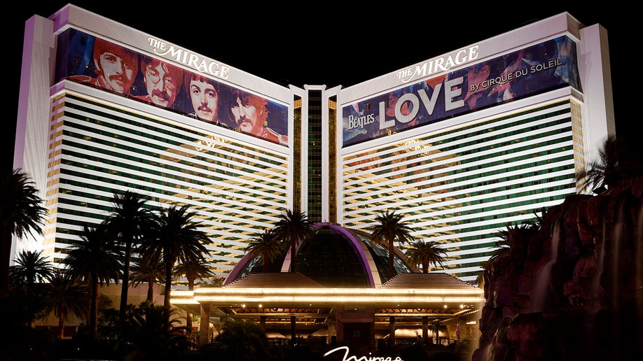 A nighttime photo of the Mirage hotel in Las Vegas