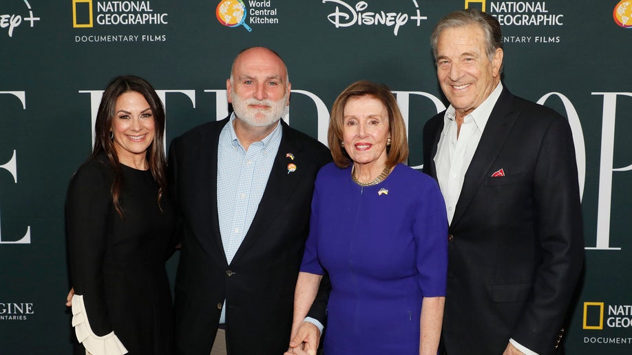 Courteney Monroe, World Central Kitchen Founder José Andrés, Speaker of the House Nancy Pelosi (D-CA), and Paul Pelosi attend the Washington DC Screening Of National Geographic Documentary Films' WE FEED PEOPLE