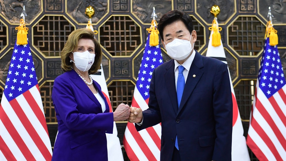 Speaker of the House Nancy Pelosi (D-CA) (L) bumps fists with South Korean National Assembly speaker Kim Jin-pyo (R)