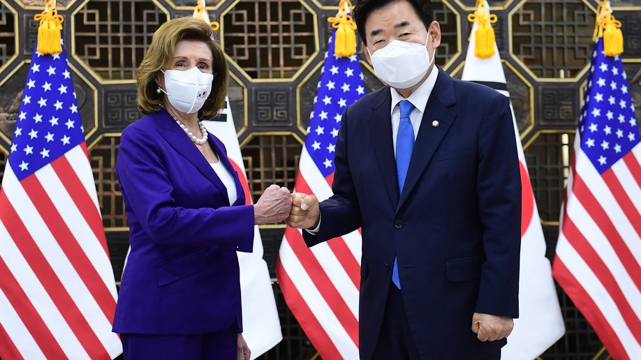 Speaker of the House Nancy Pelosi (D-CA) (L) bumps fists with South Korean National Assembly speaker Kim Jin-pyo (R)