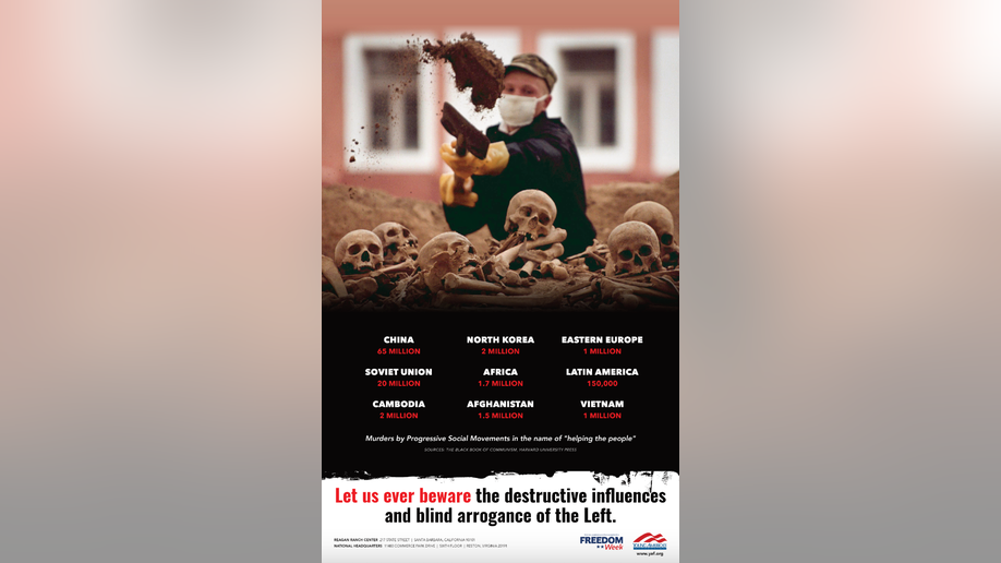 Photo depicts flyer for YAF's Freedom week, showing man burying skull and bones 