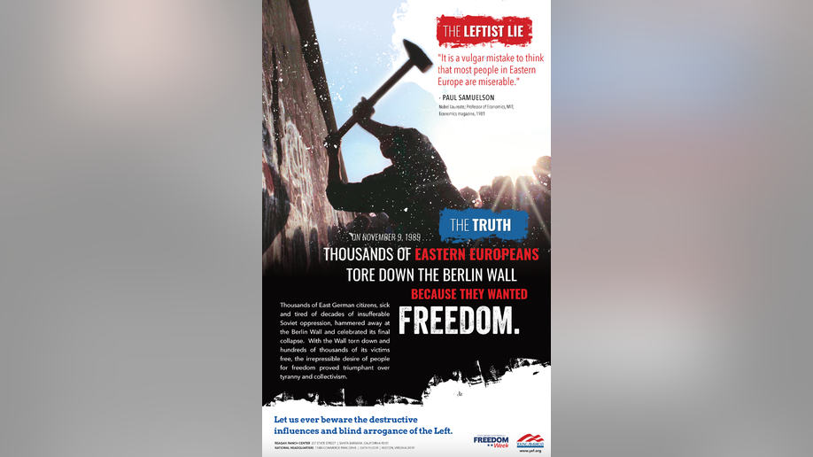 Photo shows flyer for Freedom Week, depicting man tearing down Berlin Wall 
