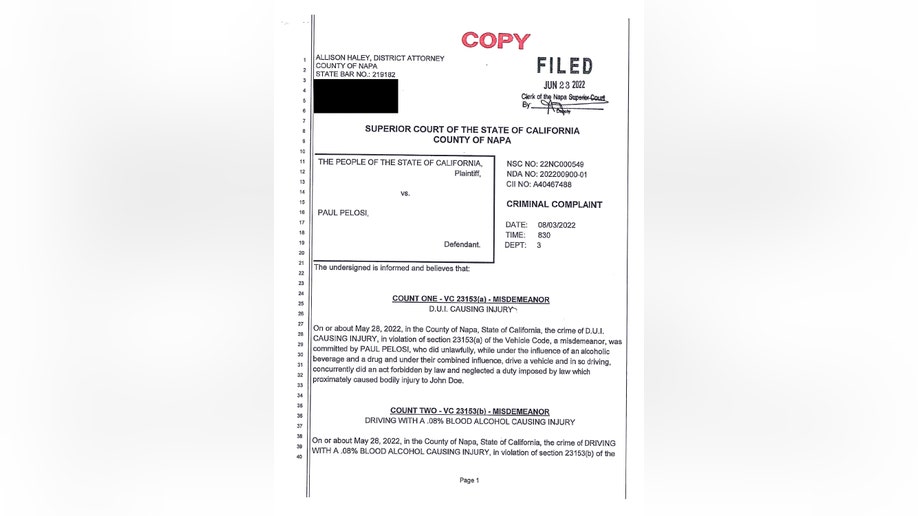 Paul Pelosi arrest form for DUI