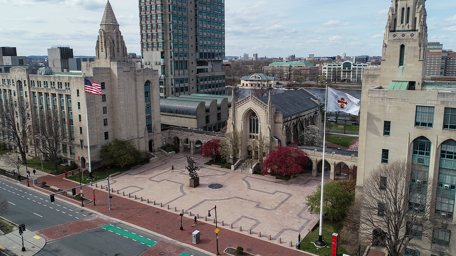 Photo show aerial view of Boston University's campus, with Marsh Chapel in clear view 