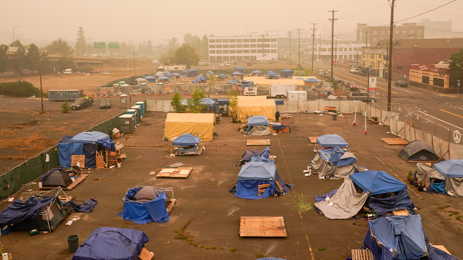 Photo shows homeless camp from up high view on a lot of land in Portland