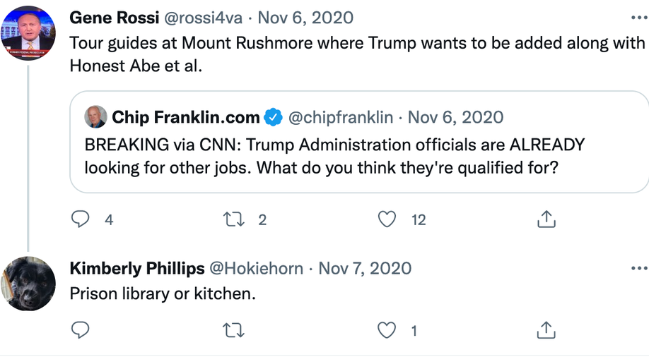 Screen shot of tweet from Loudoun County's Kimberly Phillips saying former employees of the Trump administration should find new work in prisons 
