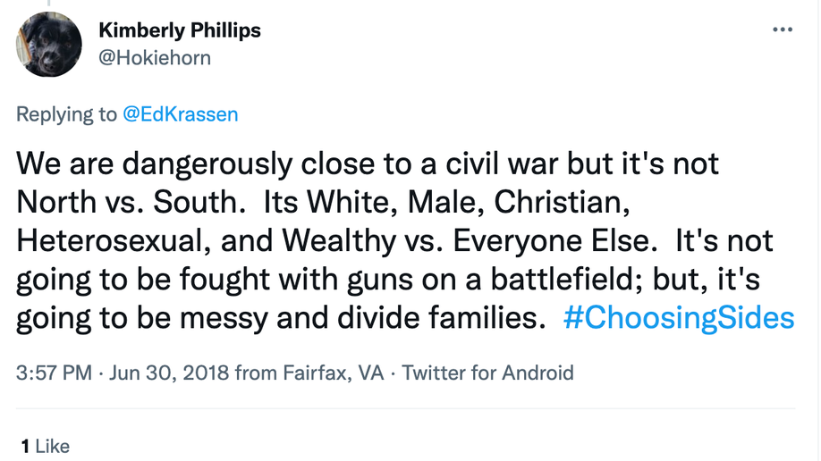 Screen shot of tweet from Kimberly Phillips warning of a "civil war" between white, male, christian, heterosexual, wealthy people and "everyone else."