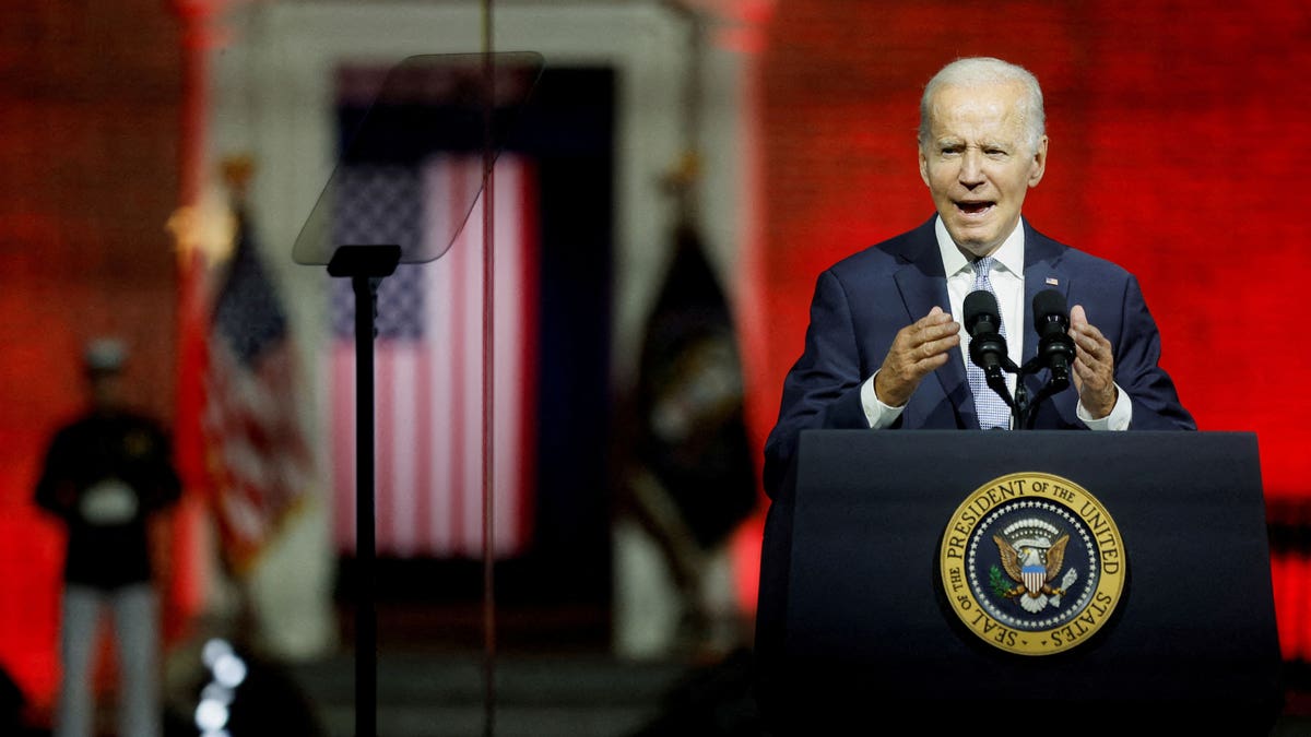 President Joe Biden gives a speech.