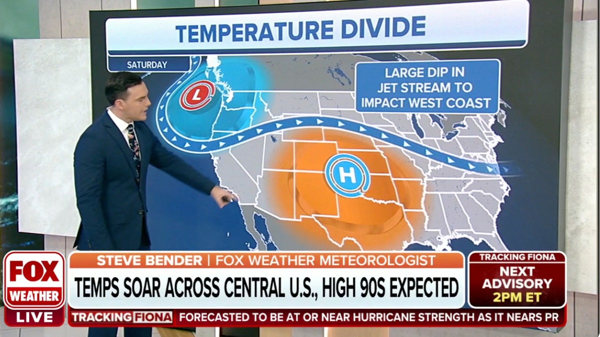 Weather man standing in front of map showing jet stream