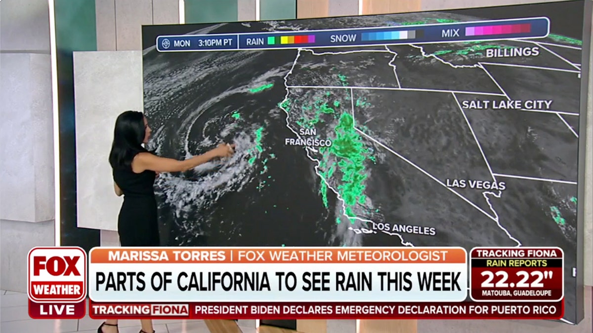 Weather reporter in front of map showing rain in California