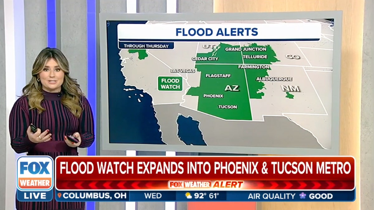 Weather anchor in front of flood watch graphics