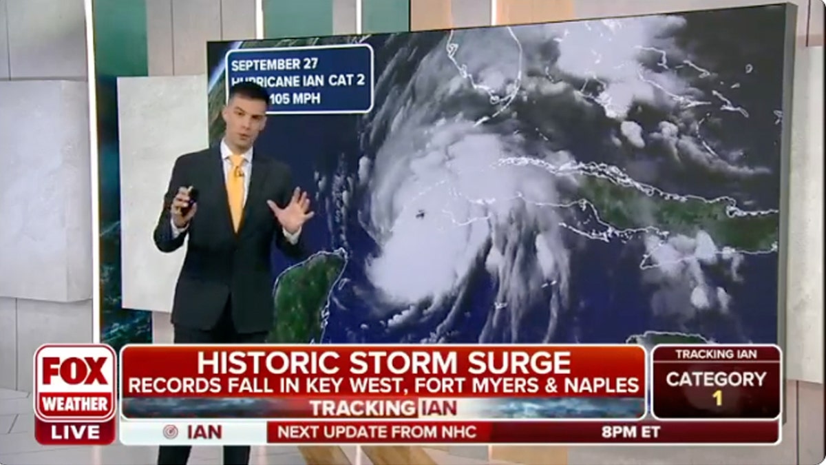 Fox Weather reporter standing in front of weather map showing Hurricane Ian