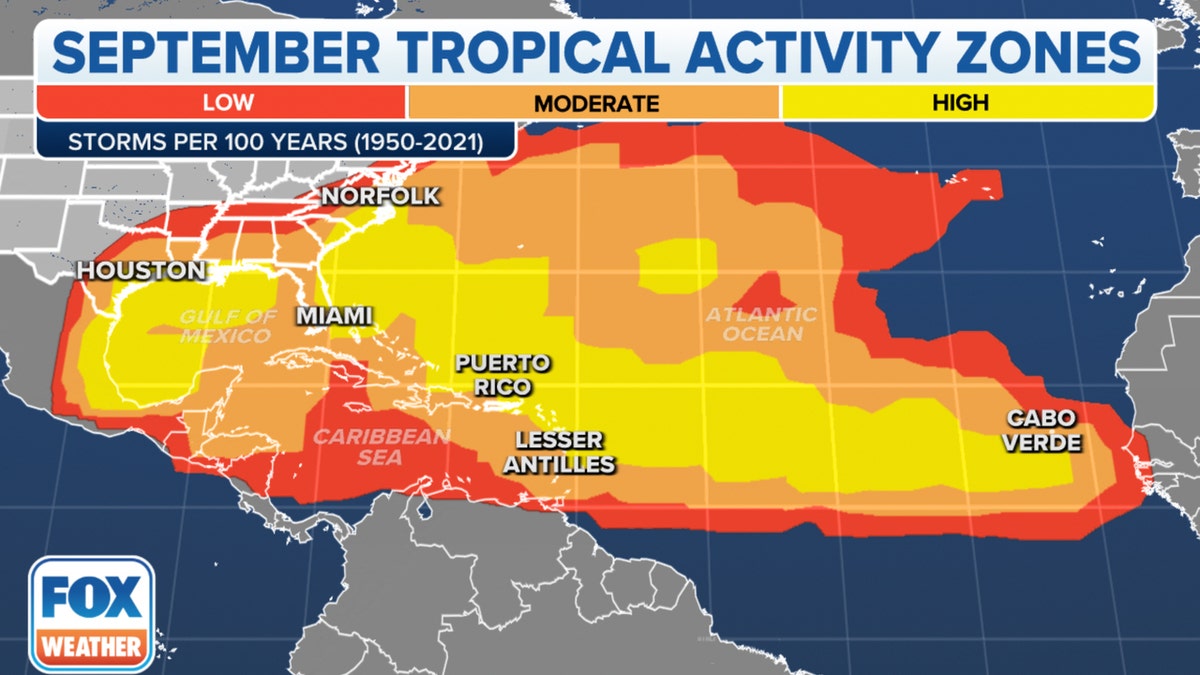 A weather map showing tropical activity