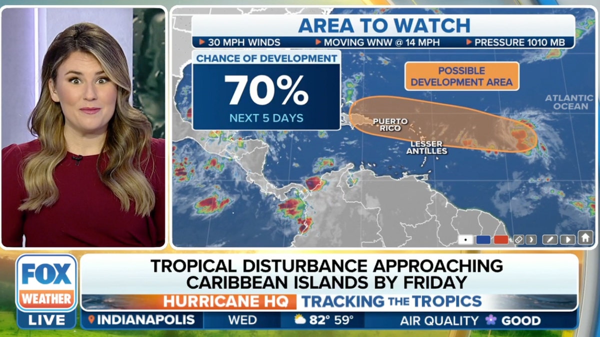 A weather reporter next to a map showing a tropical disturbance