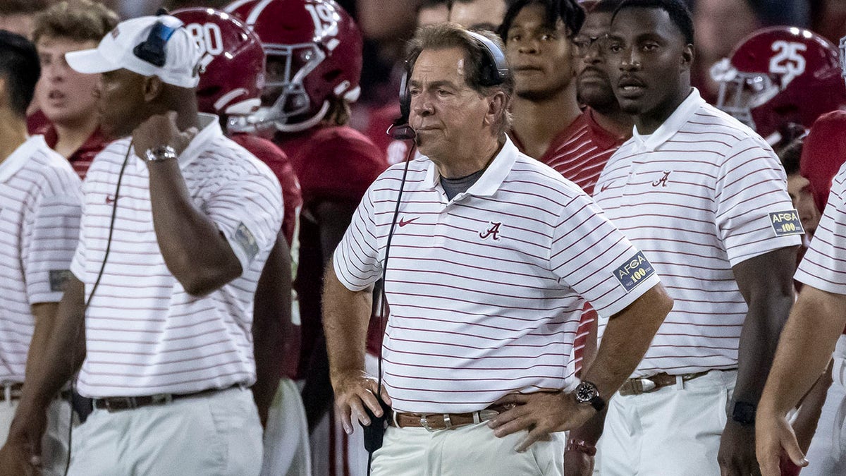 Alabama head coach Nick Saban looks on against Utah State