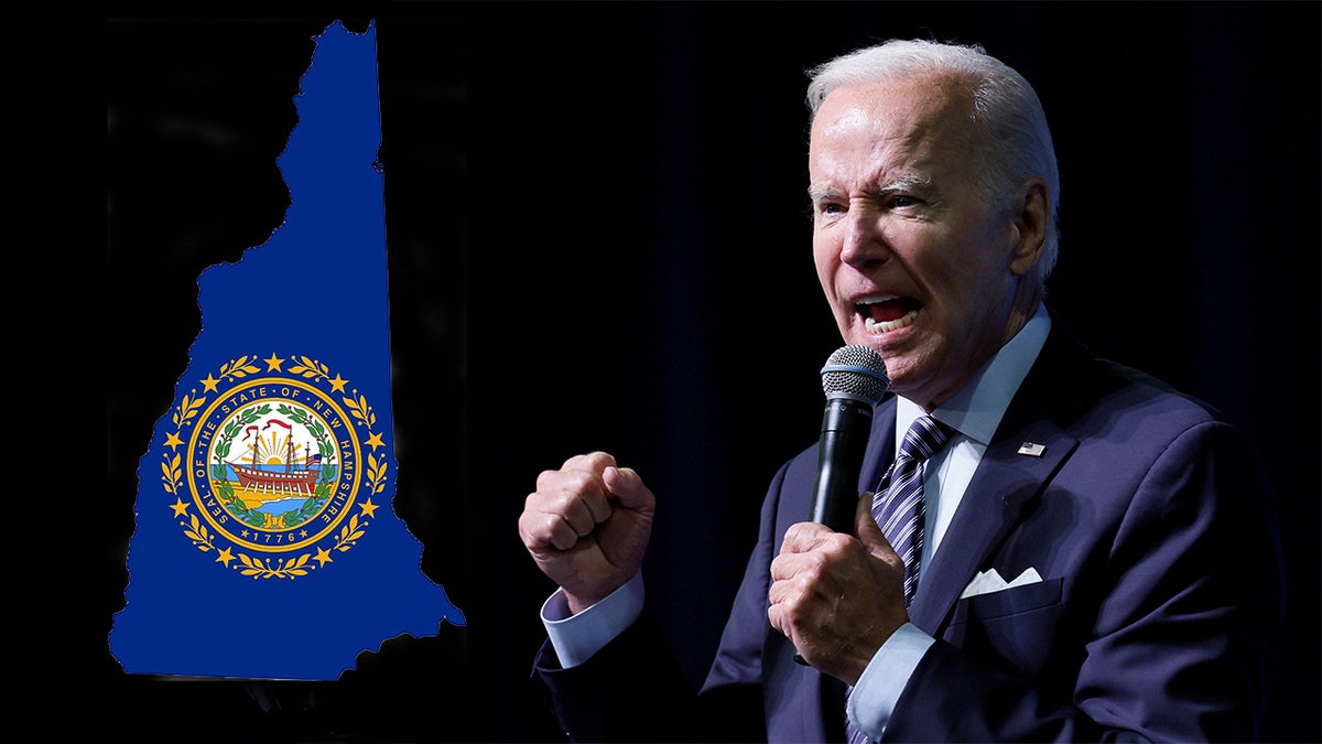 Biden with image of New Hampshire with seal